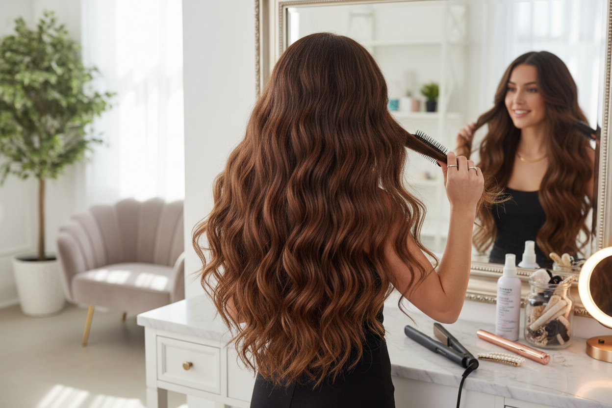 3. Zuklipsen, verblenden & stylen

Lass dein eigenes Haar über die Tressen fallen und kämme alles sanft durch. Danach kannst du deine Haare wie gewohnt glätten oder locken – die Extensions halten alles aus.
Fertig – natürliche, volle Haarpracht in nur wenigen Minuten.