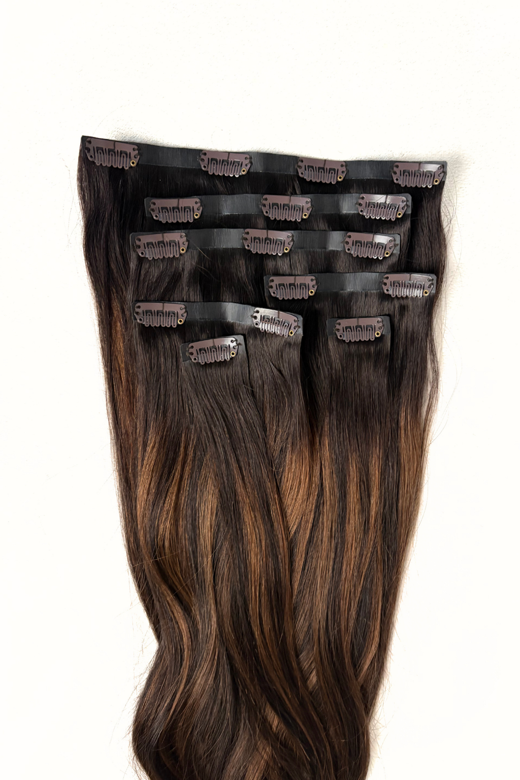 Clip-In Extensions Dark Brown mit warmen Highlights (#2/6/2)